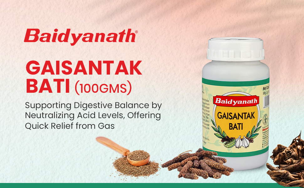 Baidyanath Gaisantak Bati, Reduces and neutralizes acid levels | Provide quick relief from common digestive problems like gas, hyperacidity, flatulence and bloating | (100 g)