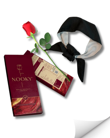 Nooky Mini Bites (20g) & Satin Blindfold with 1 Handcuff (3-in-1) Combo | 2 Dark Chocolates per Pack | FREE Saucy Scratch Card | Vegan, Gluten-Free Treat | Ideal Gift for Couples, Men & Women