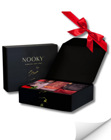 Nooky Mini Bites (20g) & Satin Blindfold with 1 Handcuff (3-in-1) Combo | 2 Dark Chocolates per Pack | FREE Saucy Scratch Card | Vegan, Gluten-Free Treat | Ideal Gift for Couples, Men & Women