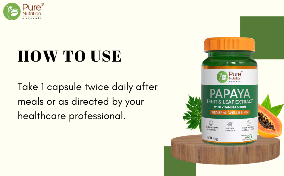 Pure Nutrition Papaya Leaf & Fruit Extract, 60 Veg Tablets | With Vitamin C & Iron for Platelet Count, Dengue Relief, Immunity Boost & Better Digestion