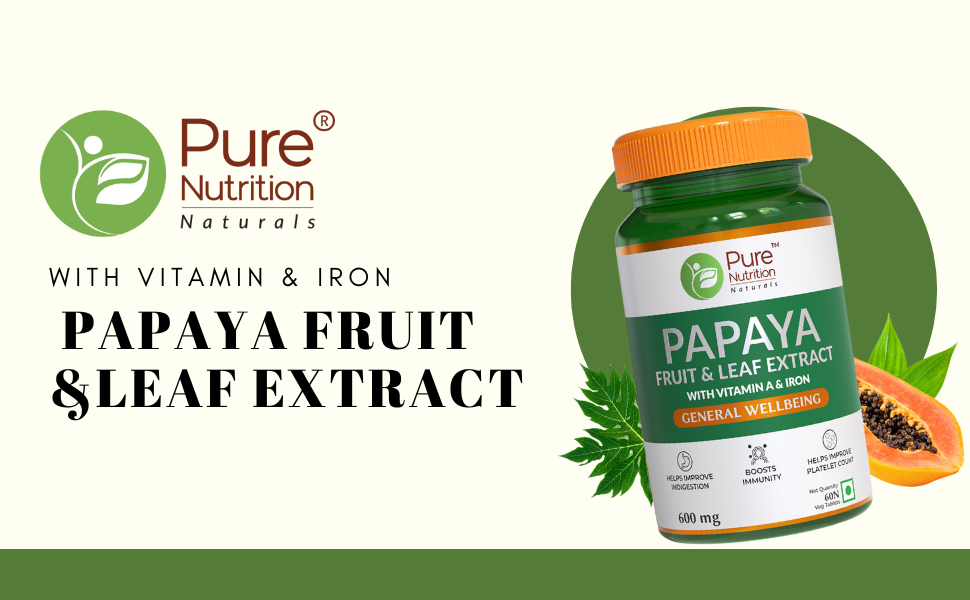 Pure Nutrition Papaya Leaf & Fruit Extract, 60 Veg Tablets | With Vitamin C & Iron for Platelet Count, Dengue Relief, Immunity Boost & Better Digestion