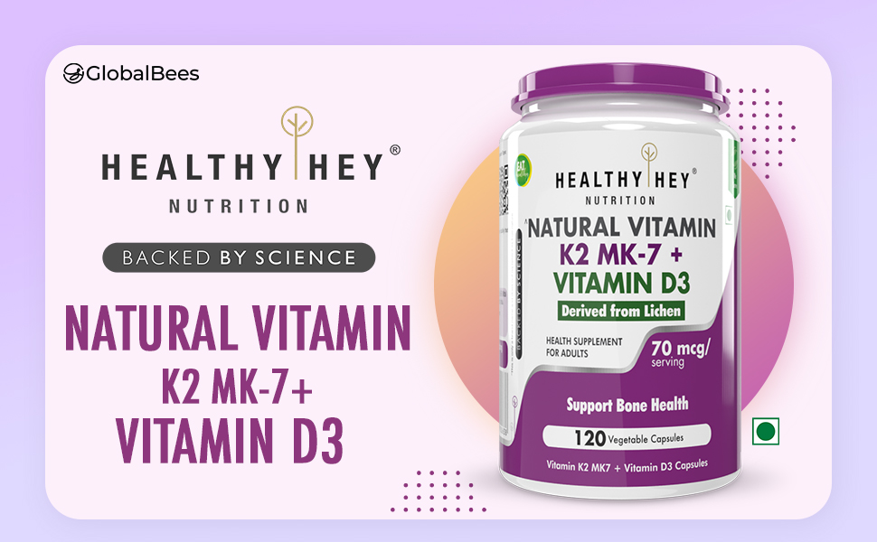 HealthyHey Nutrition Vitamin D3 K2 Supplement Capsules | D3 Derived from Natural | 100% Veg Vitamin K2 Mk7 + Vitamin D3 Capsule | Non-GMO |Non -Synthetic (120 Veg. Capsules)