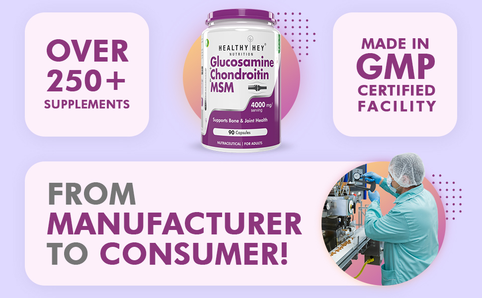 HealthyHey Nutrition Glucosamine Chondroitin and MSM for Cartilage; Joint and Bone, 90 Capsules