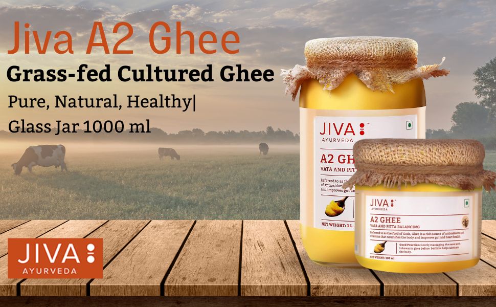Jiva Gir Desi Cow A2 Ghee 1 L | Made With A2 Milk From Gir Cows Using Bilona Churning Process | Excellent source of OMEGA 3, OMEGA 6, Vitamins B2, B12 (Pack of 1)
