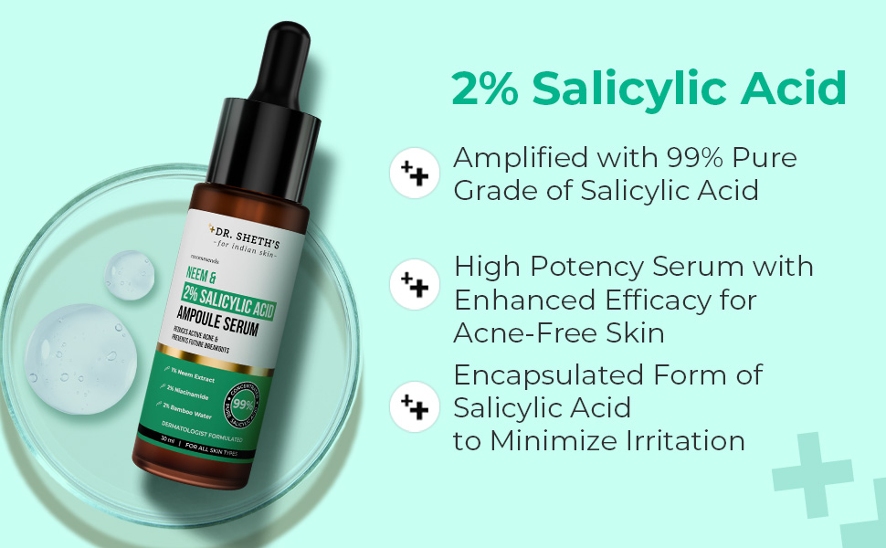 Dr. Sheth's Neem & Salicylic Acid Serum For Active Acne,Blackheads & Open Pores|2% Salicylic Acid & 1% Niacinamide|For Oily & Acne-Prone Skin|Men & Women|30Ml