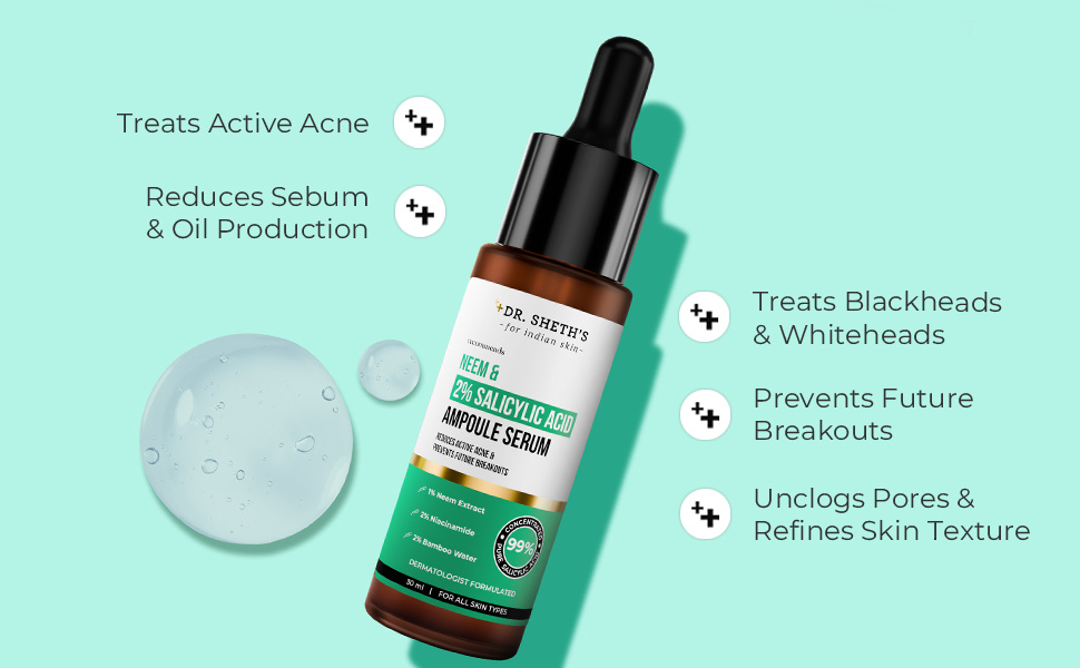 Dr. Sheth's Neem & Salicylic Acid Serum For Active Acne,Blackheads & Open Pores|2% Salicylic Acid & 1% Niacinamide|For Oily & Acne-Prone Skin|Men & Women|30Ml