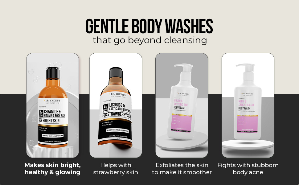 Dr. Sheth's Ceramide & Vitamin C Body Wash | For Bright, Healthy & Glowing Skin | Exfoliates & Evens Skin Tone | 4% Actives (1% Lactic Acid, 1% Glycolic Acid & 2% Niacinamide) | Sulphate Free | Gentle Exfoliating Shower Gel