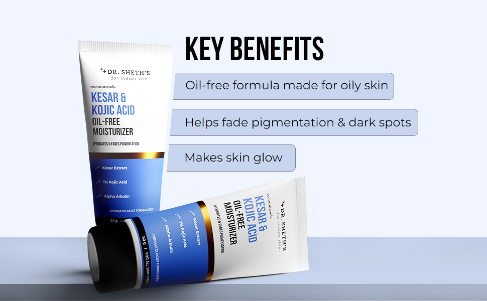 Dr. Sheth's Kesar & Kojic Acid Oil-Free Moisturizer | Lightweight Gel Cream Texture | Brightening & Hydrating | Fades pigmentation | For Men & Women | 50 g