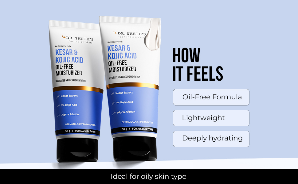 Dr. Sheth's Kesar & Kojic Acid Oil-Free Moisturizer | Lightweight Gel Cream Texture | Brightening & Hydrating | Fades pigmentation | For Men & Women | 50 g