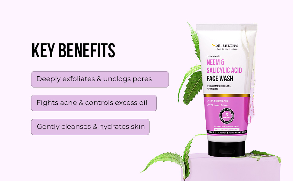 Dr. Sheth's Neem & 2% Salicylic Acid Face Wash | For Oily & Acne Prone Skin | With 1% Zinc PCA, Vitamin E, C & B5 | Deeply Cleanses | Exfoliates Skin | Prevents Acne | For Men & Women | 100ml