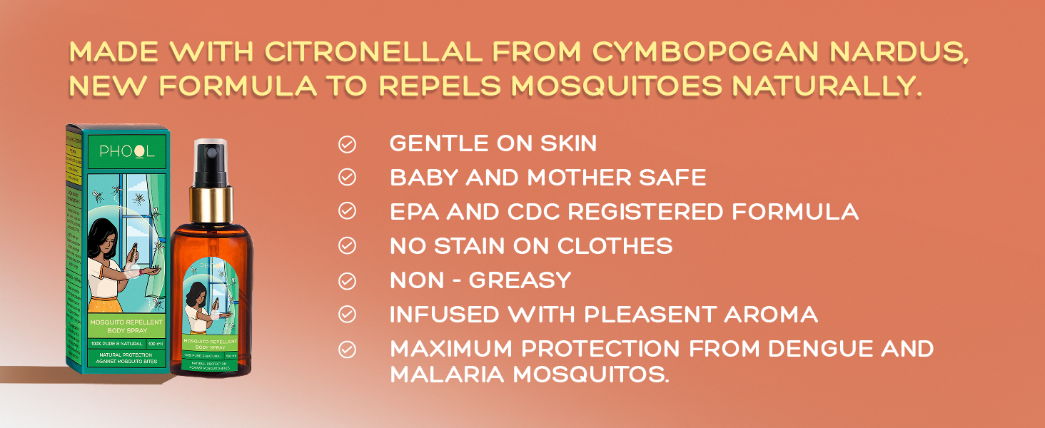 Phool mosquito repellent for baby - Mosquito Body Spray (100 ml) | 0%-DEET | Safe for Baby and Mother | No Stain on clothes-Protective Shield Against Mosquitos for upto 6 hours | Non greasy & Gentle on skin, tough on Mosquitos