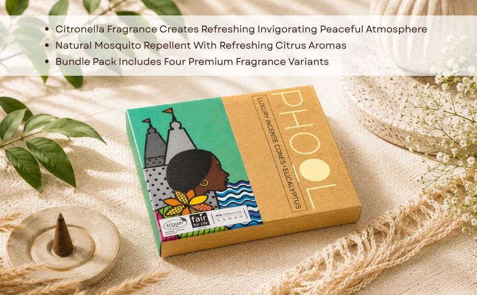 PHOOL LUXURY INCENSE Natural Incense Cones (Bundle Pack Of 4) I Citral Fragrances - Citronella, Eucalyptus, Lemongrass, Orange I 100% Organic Dhoop Cones | Natural Mosquito Repellents