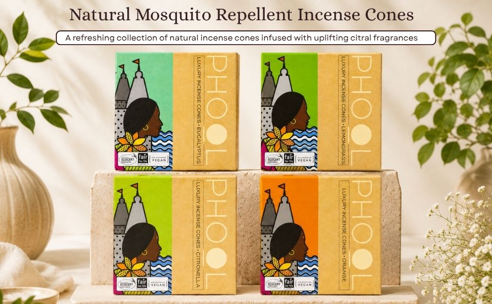 PHOOL LUXURY INCENSE Natural Incense Cones (Bundle Pack Of 4) I Citral Fragrances - Citronella, Eucalyptus, Lemongrass, Orange I 100% Organic Dhoop Cones | Natural Mosquito Repellents