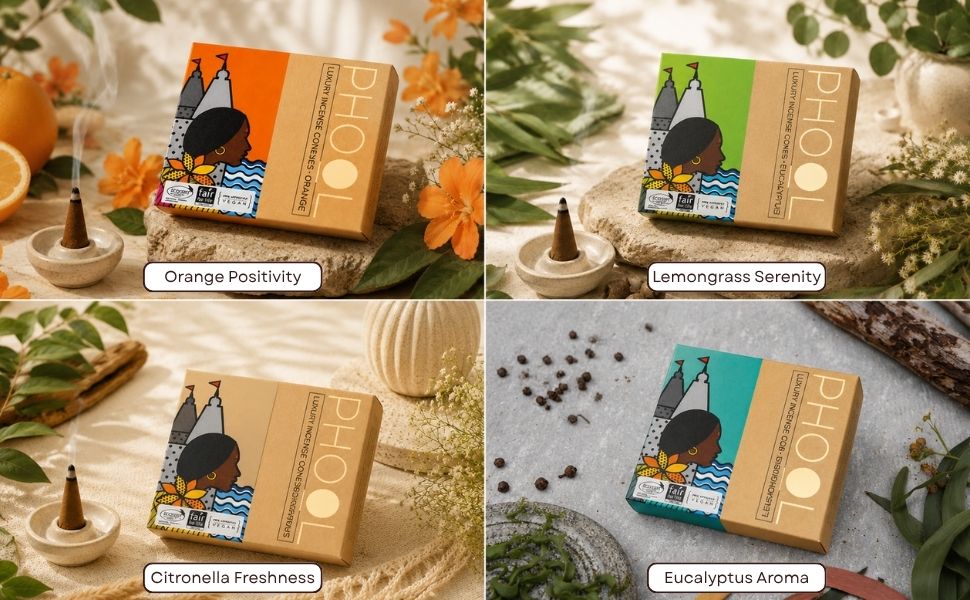 PHOOL LUXURY INCENSE Natural Incense Cones (Bundle Pack Of 4) I Citral Fragrances - Citronella, Eucalyptus, Lemongrass, Orange I 100% Organic Dhoop Cones | Natural Mosquito Repellents