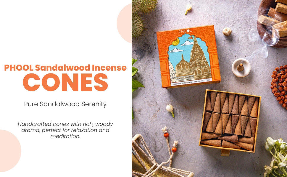 PHOOL LUXURY INCENSE Kashi Vishwanath Pooja dhoop Cone - Sandalwood | Premium Pack of 40 Chandan Dhoop Cones | 100% Natural Certified | Dhoop Flowers Offered at Shri Kashi Vishwanath Temple