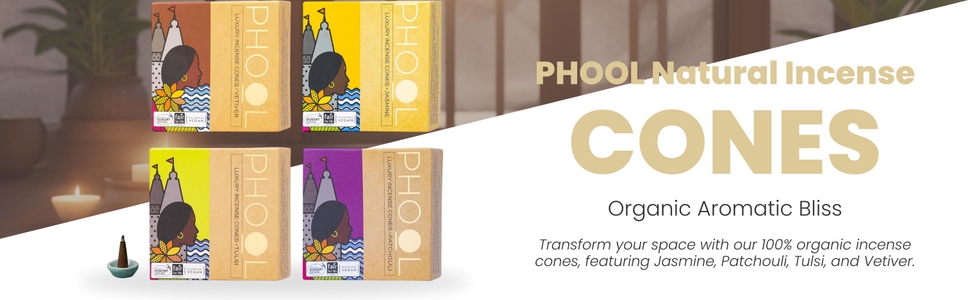 PHOOL LUXURY INCENSE Natural Incense Cones (Bundle Pack Of 4) I Special Pack Classic Fragrances - Jasmine, Patchouli, Tulsi, Vetiver I 100% Organic Dhoop Cones I Charcoal & Chemical Free