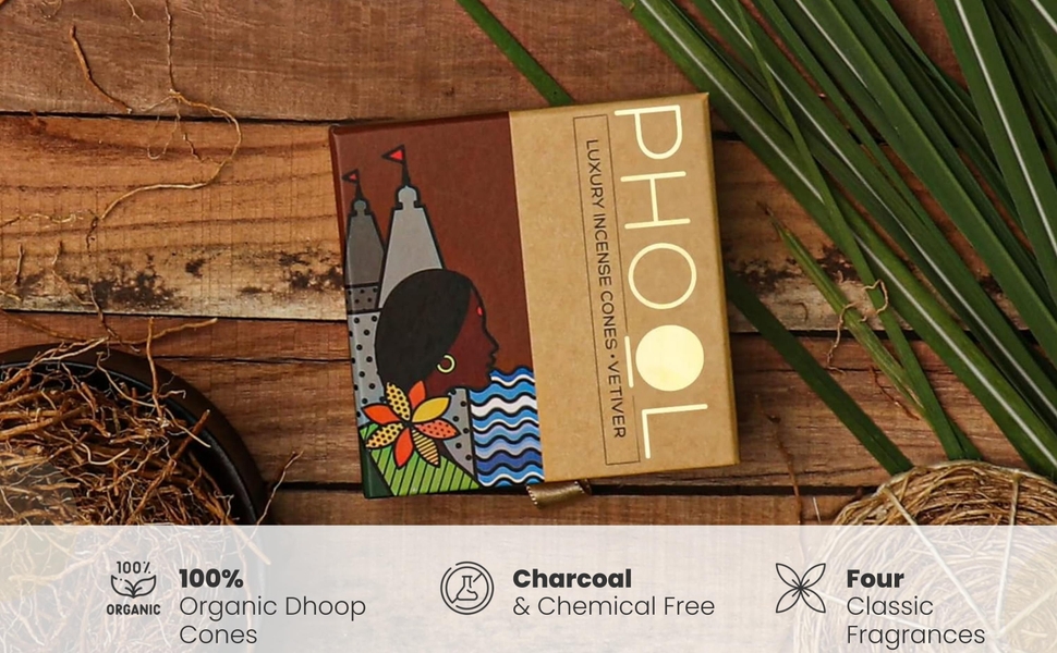 PHOOL LUXURY INCENSE Natural Incense Cones (Bundle Pack Of 4) I Special Pack Classic Fragrances - Jasmine, Patchouli, Tulsi, Vetiver I 100% Organic Dhoop Cones I Charcoal & Chemical Free