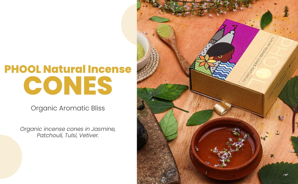 PHOOL LUXURY INCENSE Natural Incense Cones (Bundle Pack Of 4) I Special Pack Classic Fragrances - Jasmine, Patchouli, Tulsi, Vetiver I 100% Organic Dhoop Cones I Charcoal & Chemical Free