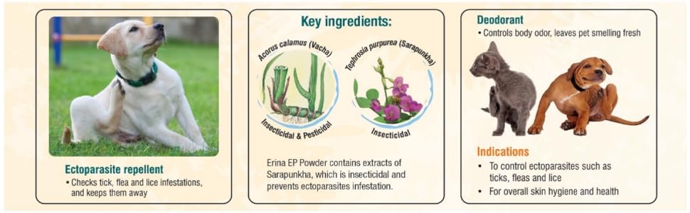 Himalaya Erina-EP Powder | 150 g | Tick & Flea Control for Dogs & Cats | With Neem & Eucalyptus for Skin Health & Hygiene