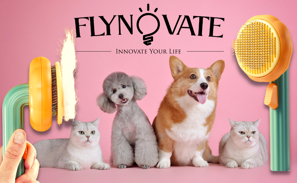 Flynovate Self Cleaning Dog Comb & Cat Comb - Pet Hair Remover Grooming Comb with Switch & PAIN - FREE Slickers | Deshedding Dog Brush & Cat Brush To Gently Massage The Pets with FREE Bath Brush
