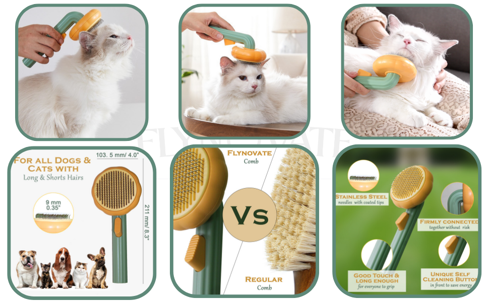 Flynovate Self Cleaning Dog Comb & Cat Comb - Pet Hair Remover Grooming Comb with Switch & PAIN - FREE Slickers | Deshedding Dog Brush & Cat Brush To Gently Massage The Pets with FREE Bath Brush