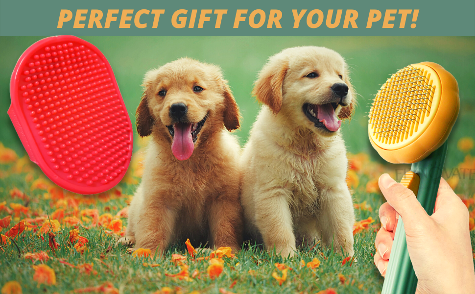 Flynovate Self Cleaning Dog Comb & Cat Comb - Pet Hair Remover Grooming Comb with Switch & PAIN - FREE Slickers | Deshedding Dog Brush & Cat Brush To Gently Massage The Pets with FREE Bath Brush