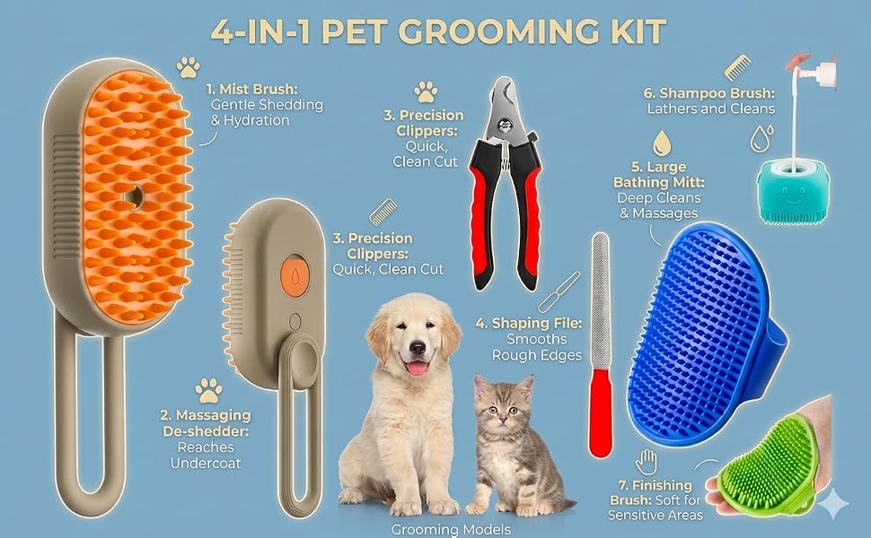 Bekin 4‑in‑1 Pet Grooming Set – Bath Brush Steam Brush 3 in 1 Water Brush Brush + Silicone Bath & Massage Tool + Adjustable Rubber Bath Scrubber + Ergonomic Nail Clippers – for Dogs & Cats