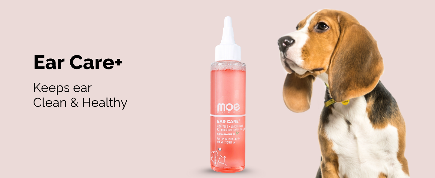 Moe Puppy Ear Care+ | Ear Cleaning Solution for Dogs and Cats | Prevents Infections, Soothes Itching, Removes Wax, Eliminates Ear Odour | Non-Irritating Dog Ear Cleanser | 100ml