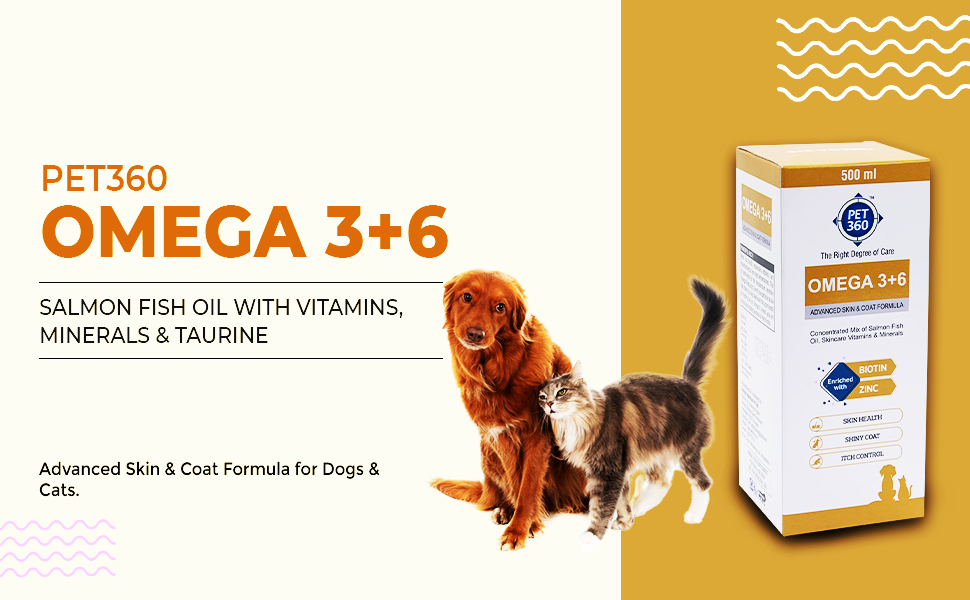 PET360 Omega 3+6 Concentrated Salmon Fish Oil for Dogs & Cats with Vitamins & Minerals | Shinier Coat, Itch & Allergy Control | Improves Skin & Hair Health | Nutritional Supplement for Pets - 200 ml