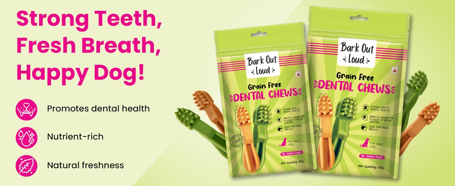 BARK OUT LOUD - Dental Treats | Brush Shape Dog Chews | Removes Plaque/Tartar | Fresh Smell | Oral Care Gluten Free| Chicken Dog Treats (100 GMS)