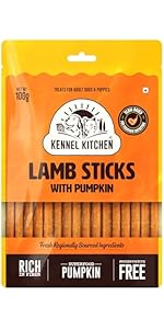 Kennel Kitchen Soft Baked Lamb with Pumpkin Sticks Treats for Dogs, 100g (Pack of 1) | Soft Dog Chew Sticks | Dog Treats for Adult Dogs and Puppies