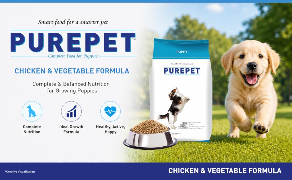 Purepet Puppy Dry Dog Food 1kg | Chicken & Vegetable Flavour | Hairball Protection | Heart Care with Taurine | Skin Health