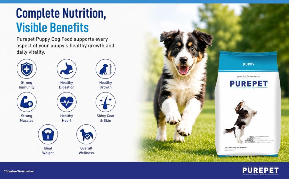 Purepet Puppy Dry Dog Food 1kg | Chicken & Vegetable Flavour | Hairball Protection | Heart Care with Taurine | Skin Health