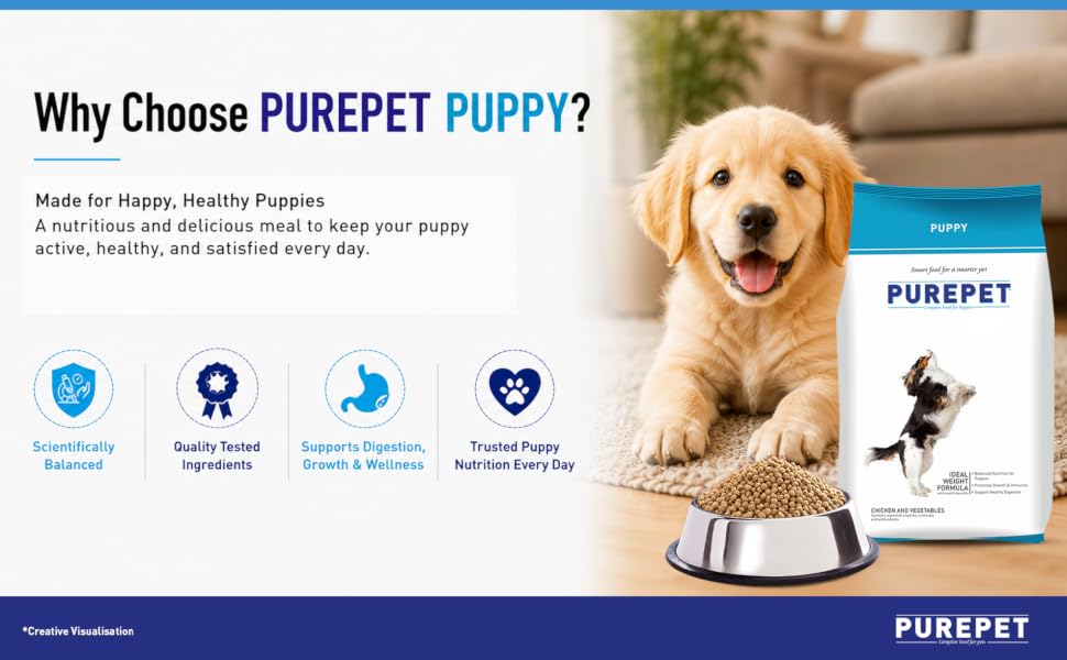 Purepet Puppy Dry Dog Food 1kg | Chicken & Vegetable Flavour | Hairball Protection | Heart Care with Taurine | Skin Health