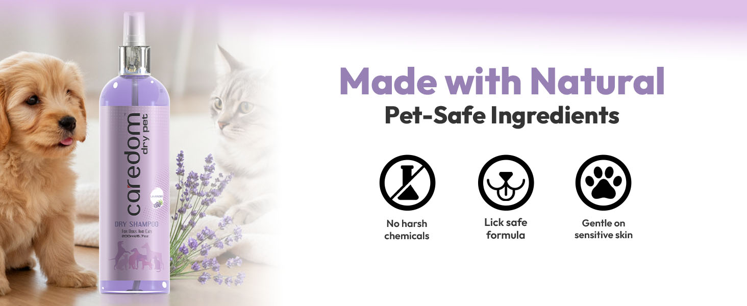 Caredom Dry Shampoo for Dogs & Cats | Waterless Dog Shampoo Spray with Lavender | Dry Bath for Cats | Fresh & Clean for Pets | Wash Grooming Spray (200 ml)