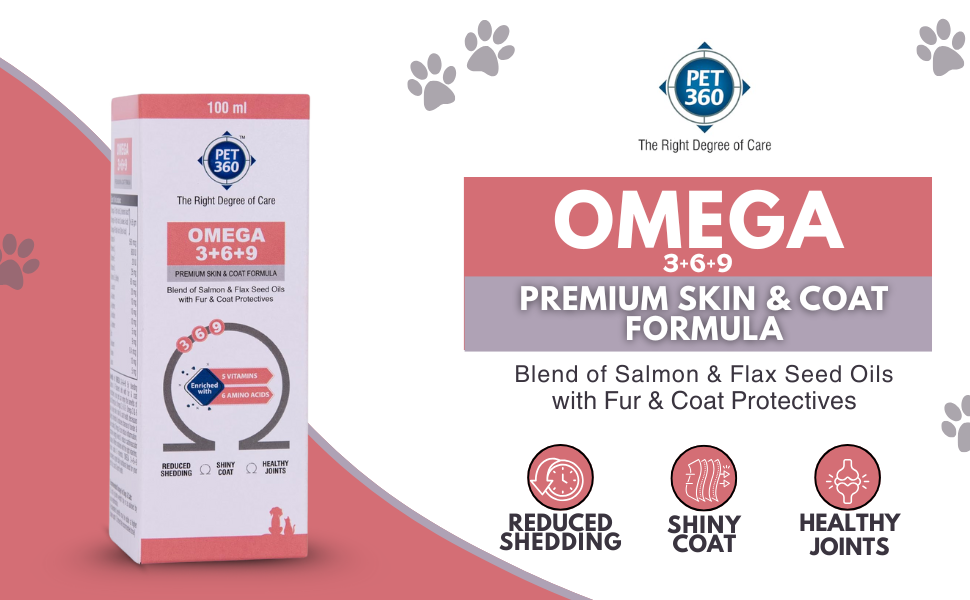 PET360 Omega 3+6+9 for Dogs | Blend of Salmon & Flax Seed Oils with Fur & Coat Protectives | Reduced Shedding | Shiny Coat | Healthy Joints | Nutritional Supplement for Pets - 100 ml