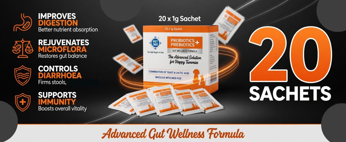 PET360 PROBIOTICS + PREBIOTICS Gut Wellness Formula for Dogs & Cats | Probiotic Supplement | Prevents Diarrhea & Indigestion | Cat & Dog Gut Health Supplement for Improved Immunity - 20 Sachets