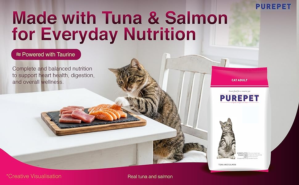 Purepet Adult Dry Cat Food 1kg | Tuna & Salmon Flavour | Hairball Protection | Heart Care with Taurine | Skin Health