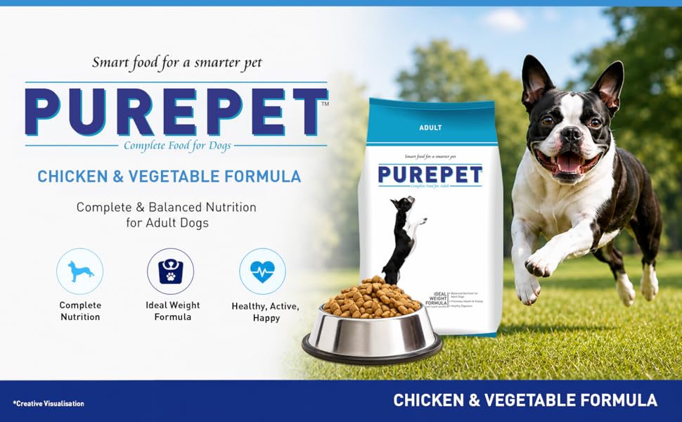 Purepet Adult Dry Dog Food 1kg | Chicken & Vegetable Flavour | Hairball Protection | Heart Care with Taurine | Skin Health