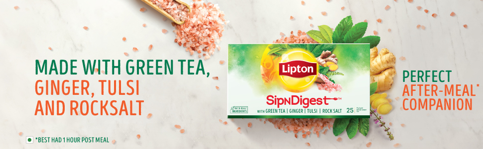 Lipton SipNDigest With Green Tea | Ginger, Tulsi, Rock Salt | 10 Spiced Green Tea Bags Unique
