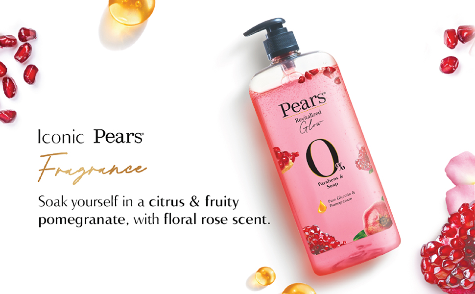 Pears Naturale Brightening Pomegranate Body Wash 250 ml, 100% Natural Ingredients, Liquid Shower Gel with Rose Extract for Glowing Skin - Paraben Free