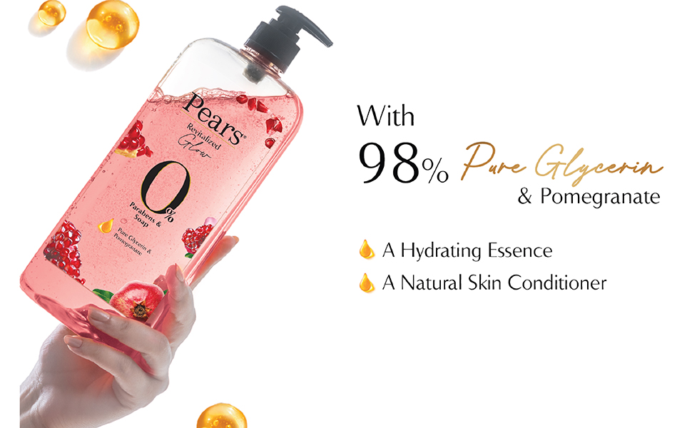Pears Naturale Brightening Pomegranate Body Wash 250 ml, 100% Natural Ingredients, Liquid Shower Gel with Rose Extract for Glowing Skin - Paraben Free