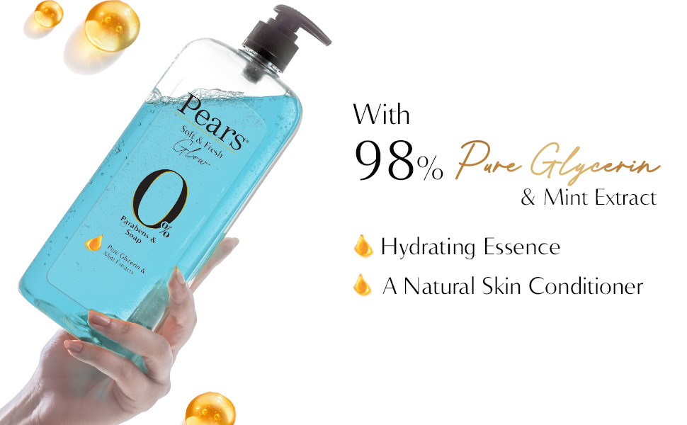 Pears Soft and Fresh Body Wash 250 ml, 98% Pure Glycerin, Liquid Shower Gel crafted with Mint Extracts for Refreshed Skin, No Paraben & 100% Soap Free