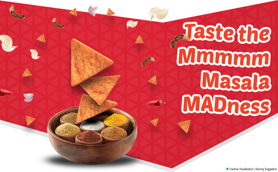 Bingo! Mad Angles Mmmmm Masala – Masala Flavoured Corn-Based Triangle Chips Pack for Snacks - 66g