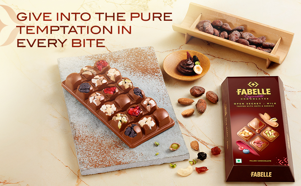 Fabelle Open Secret - Milk, Centre- Filled Luxury Chocolate Bar Topped with Visible Nuts & Berries, 121g