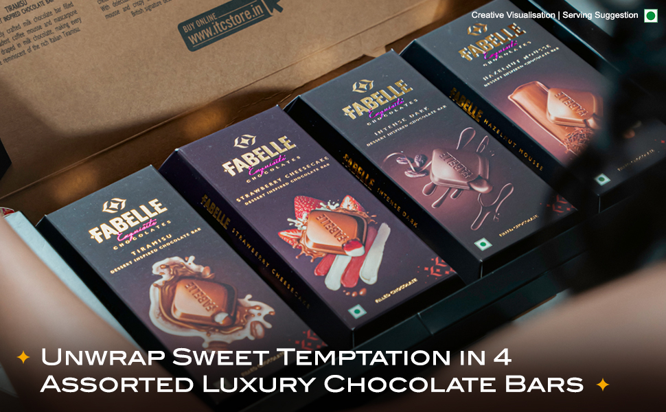 Fabelle The Bars Quartet - Diwali Chocolate Gift Pack, 4 Assorted Large Luxury Chocolate Bars, Premium Packaged Gift Chocolate Box, Centre-Filled Bars, Best Diwali Gift For Family, 519g