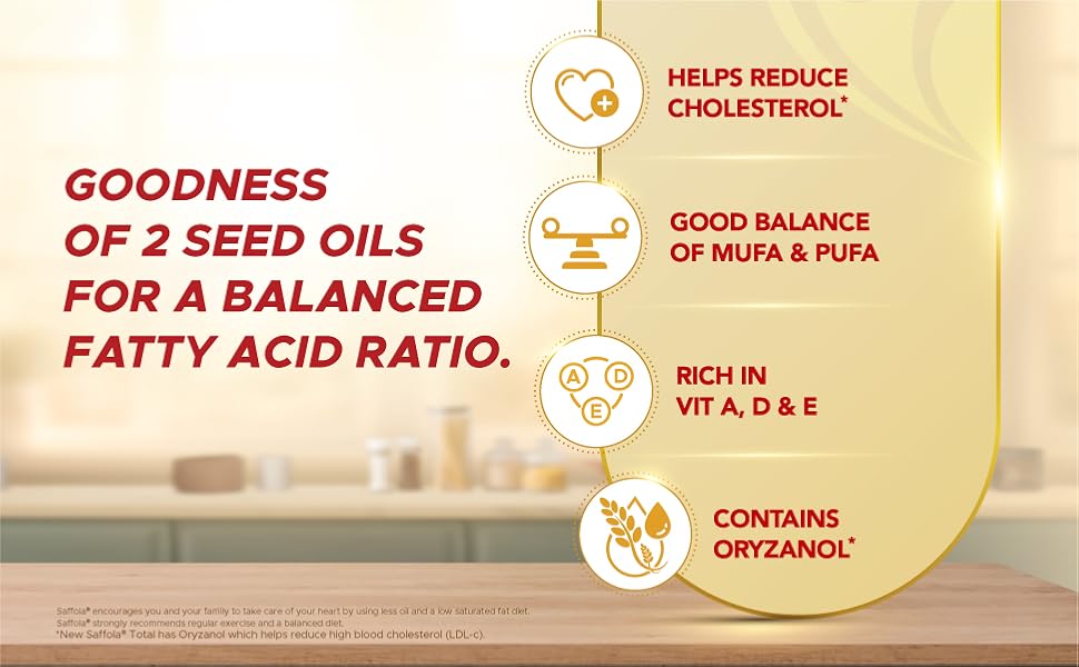 Saffola Total Refined Oil|Blend of Rice Bran Oil & Safflower oil|Cooking oil|Cholesterol Lowering Oil|Edible Oil 1L Unique