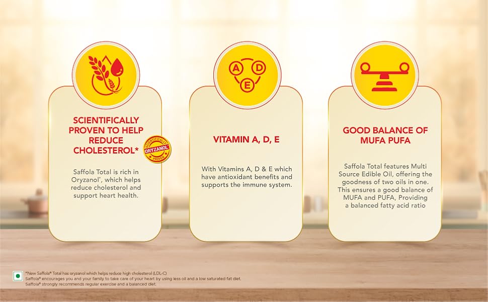 Saffola Total Refined Oil|Blend of Rice Bran Oil & Safflower oil|Cooking oil|Cholesterol Lowering Oil|Edible Oil 1L Unique