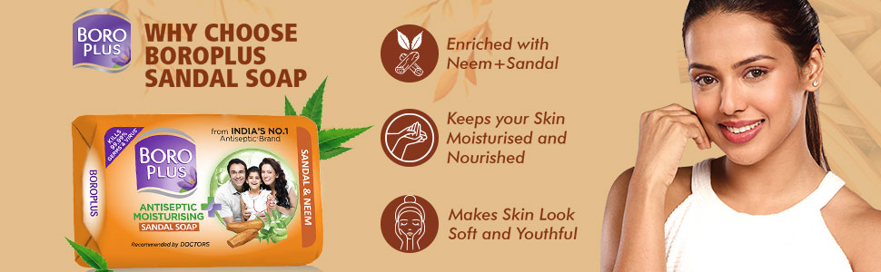 BoroPlus Antiseptic And Moisturising Bathing Sandal Soap With Sandal & Neem | 99.9% Germ And Virus Protection | For Smooth, Soft, Moisturised & Nourished Skin, 125G (Pack Of 4)
