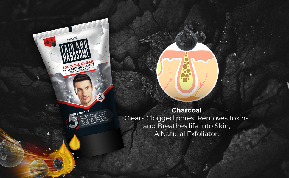 Emami Fair and Handsome Clear Dead Skin Cell Cooling Freshness Charcoal Beads Pimple and Blackhead Reduction Oil Clear Instant Radiance Face Wash For Oily Skin - 100g